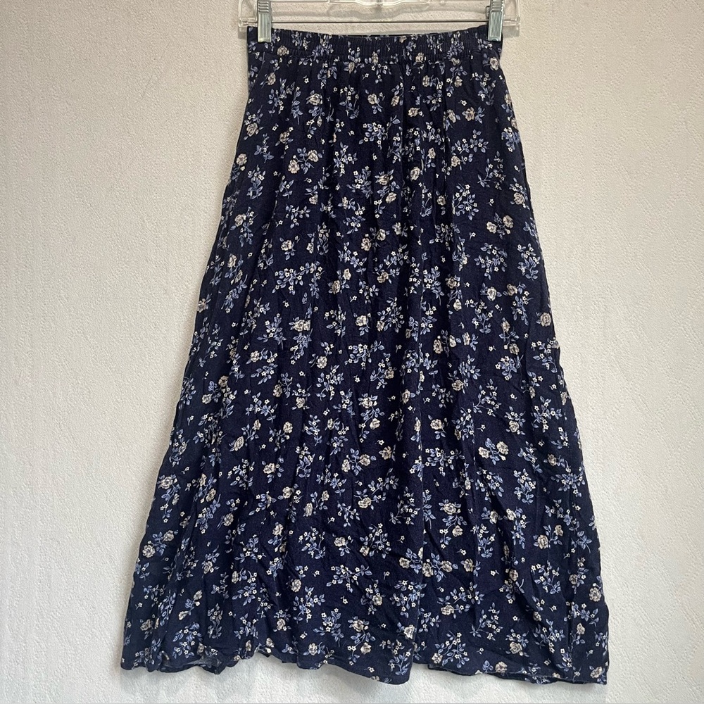 Vintage Erika Blue Floral Ditzy Print Skirt Button Up Sz S Boho Cottagecore 90's